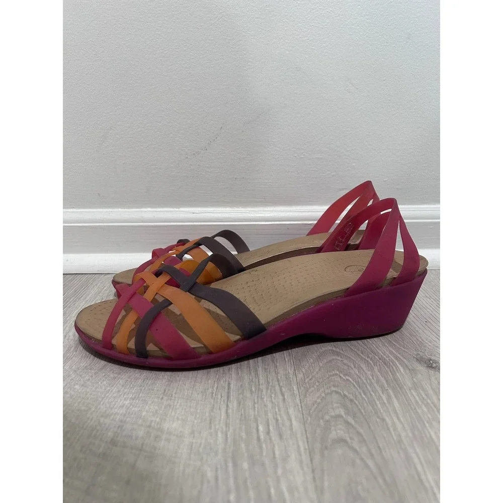 Crocs‎ Huarache Strappy Wedge Sandals Pink Orange Rainbow Womens Size 10